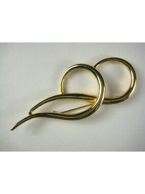 Abstract Goldtone Brooch 3 in Long Curvy Swirl Wavy Lines Pin Waves Curl Swirl